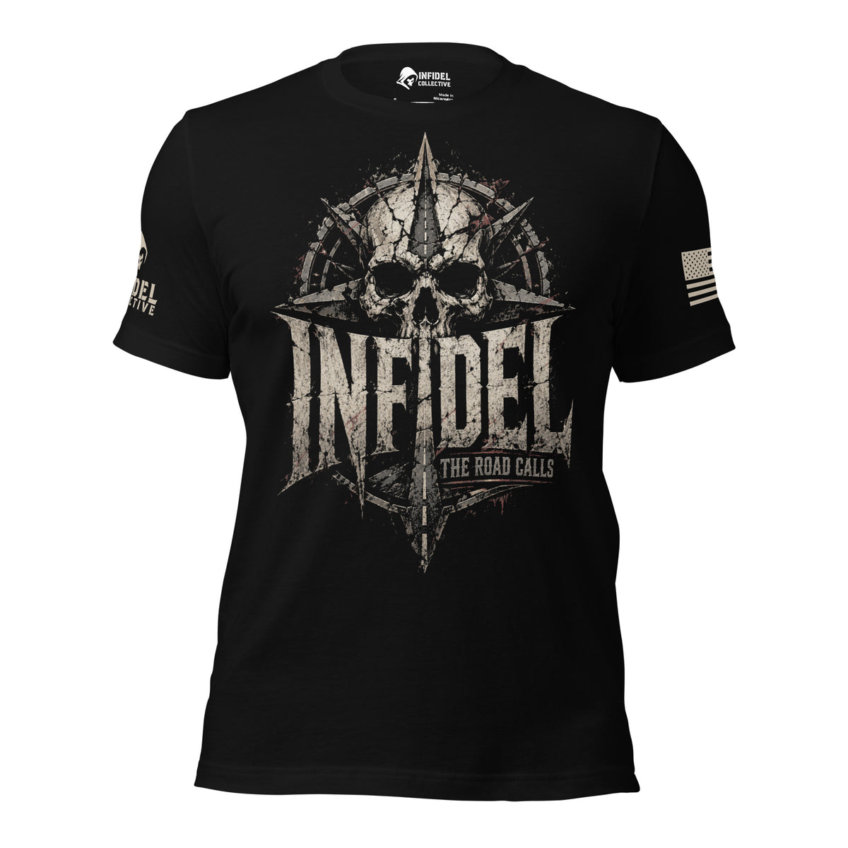 Called from All Directions Road Compass Tee, black tee, front view