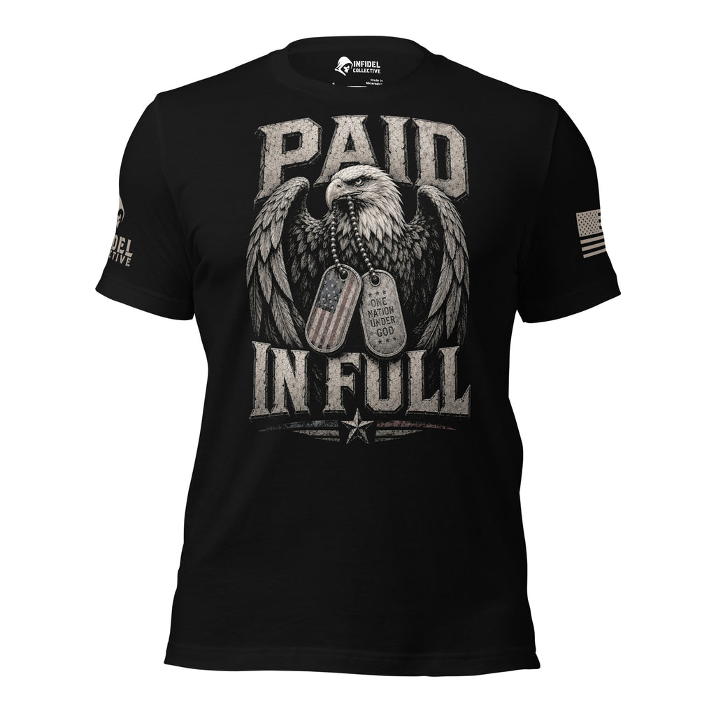 A Nation's Debt Paid in Full Tee, black tee, front view