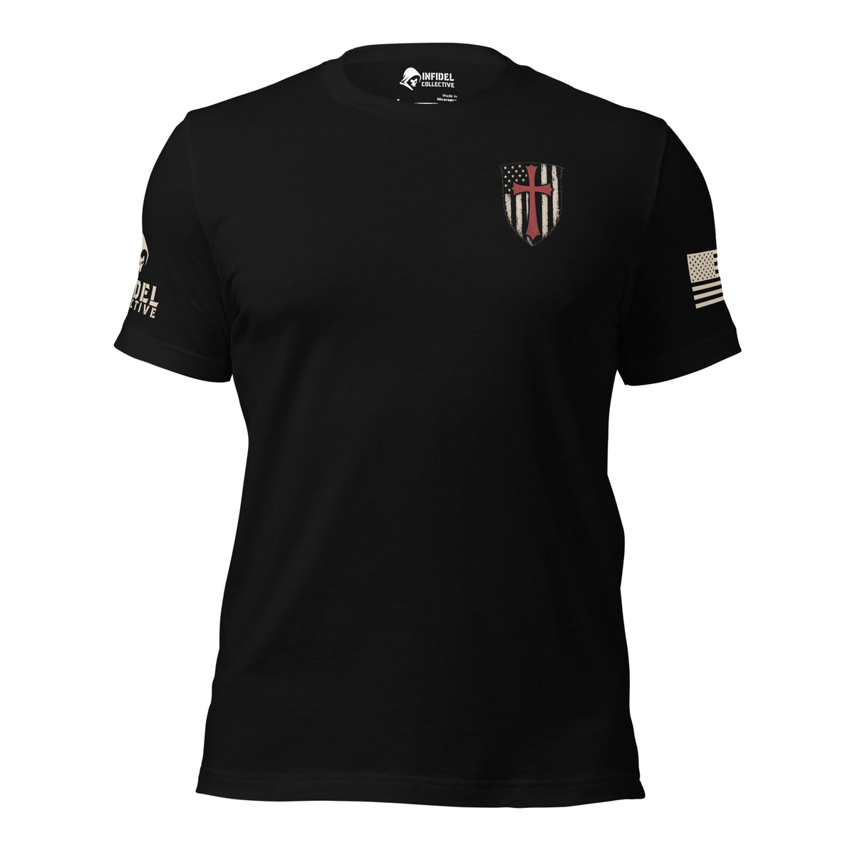 Patriot American Cross Shield Back Print Tee, black tee, front view