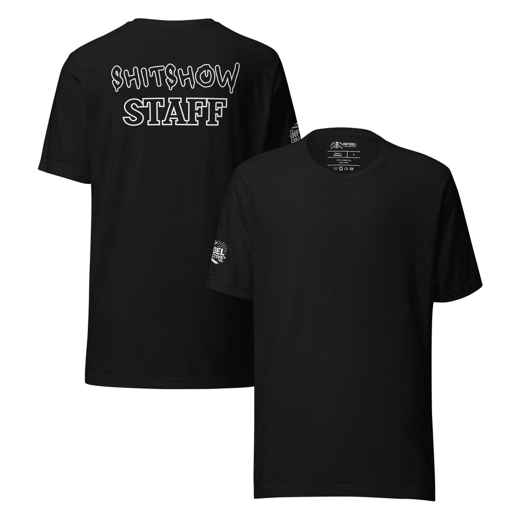 Black t-shirt with 'Shitshow Staff' text on the back, displayed from front and back views.