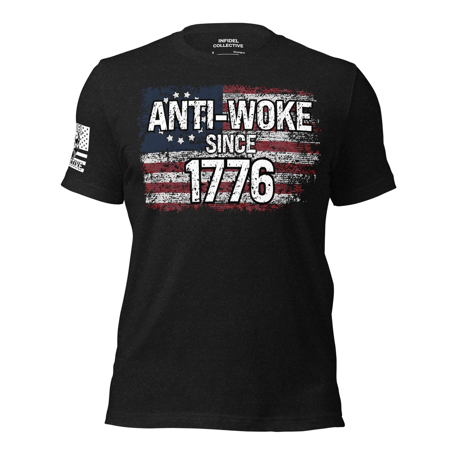 Anti-Woke Since 1776 patriotic graphic tee for men on black shirt.