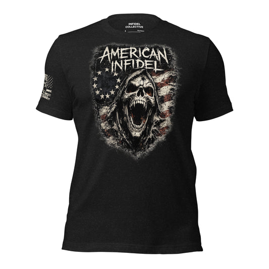 Black t-shirt with 'American Infidel' graphic design on a white background