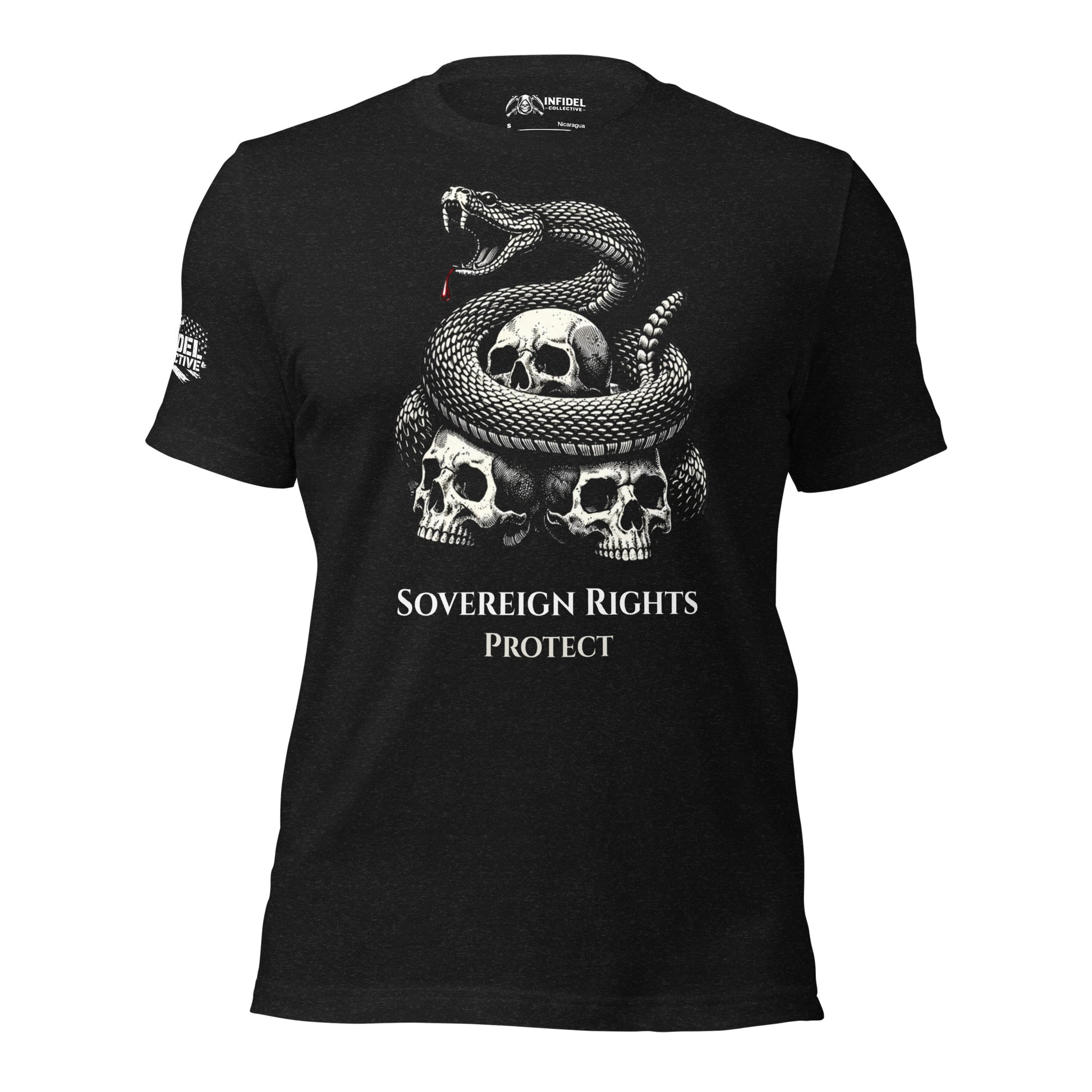 Black t-shirt with snake and skull design and 'Sovereign Rights Protect' text on a white background