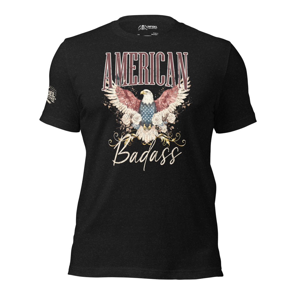 Black t-shirt with an eagle graphic and 'American Badass' text on a white background