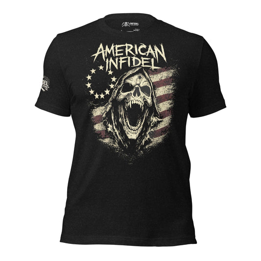 Black t-shirt with 'American Infidel' graphic design on a white background