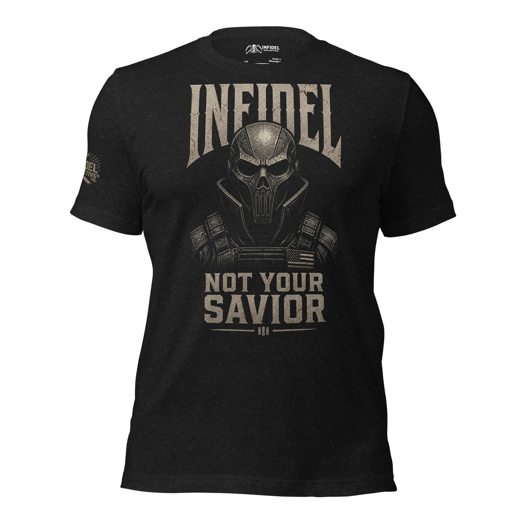 Infidel Not Your Savior armored death mask back print black tee from Infidel Collective