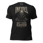 Infidel Not Your Savior armored death mask back print black tee from Infidel Collective