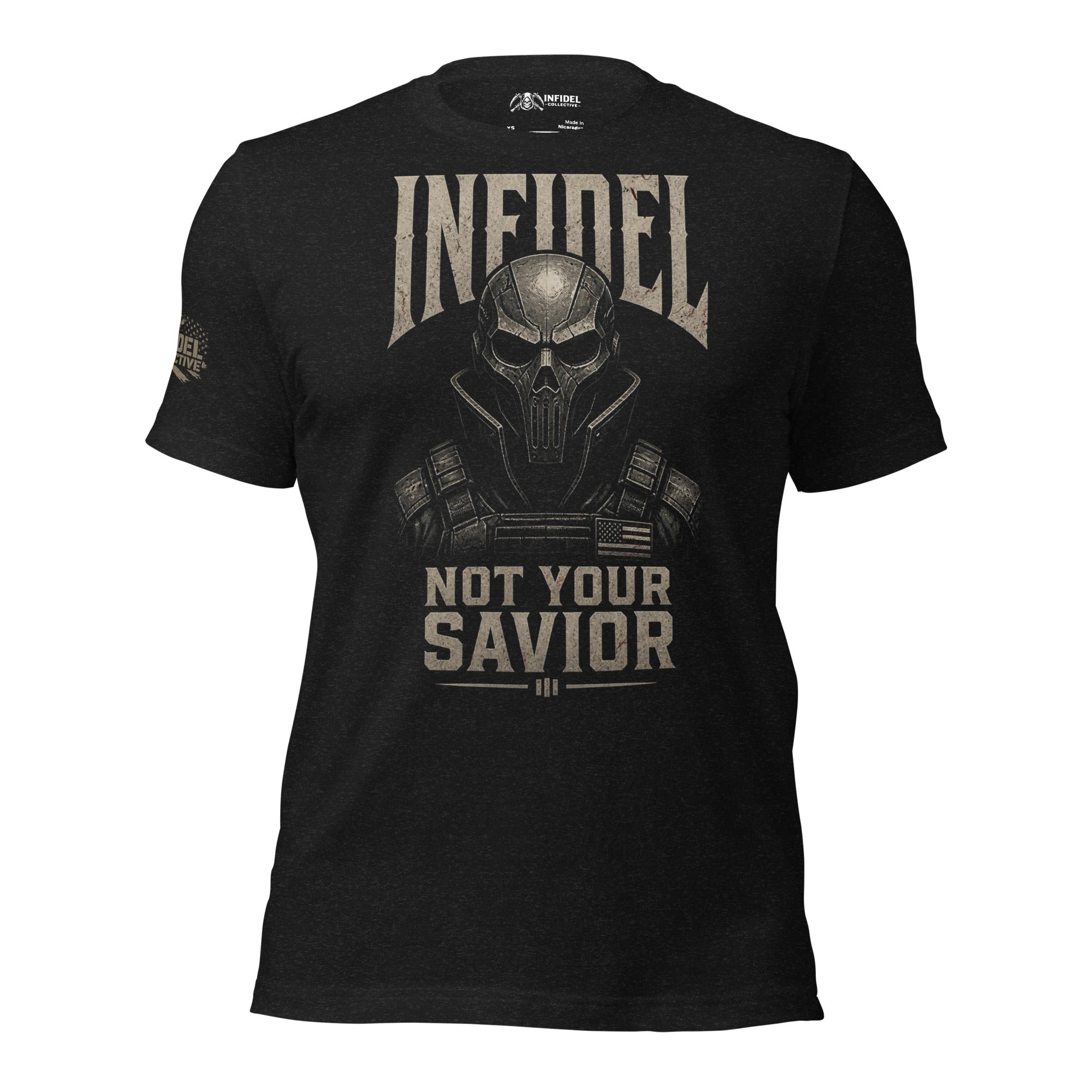 Infidel Not Your Savior armored death mask back print black tee from Infidel Collective