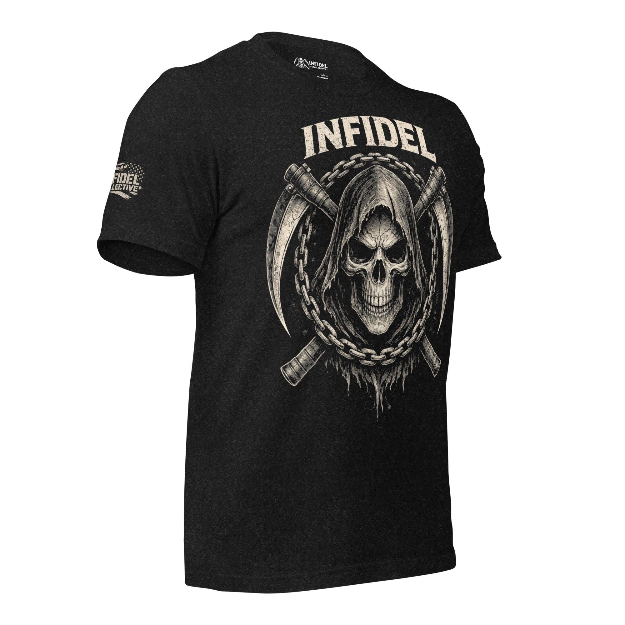 ghosted mockup of black graphic t-shirt with skull of reaper, in front of two scythes crossed like bones with "INFIDEL" across the top in bold, against a white background - side view.