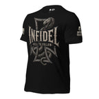 Left-front angled view of black Hell to Follow tee with rattlesnake and iron cross