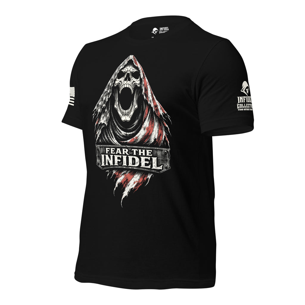 Left-front angled view of black Fear the Infidel tee with screaming hooded skull