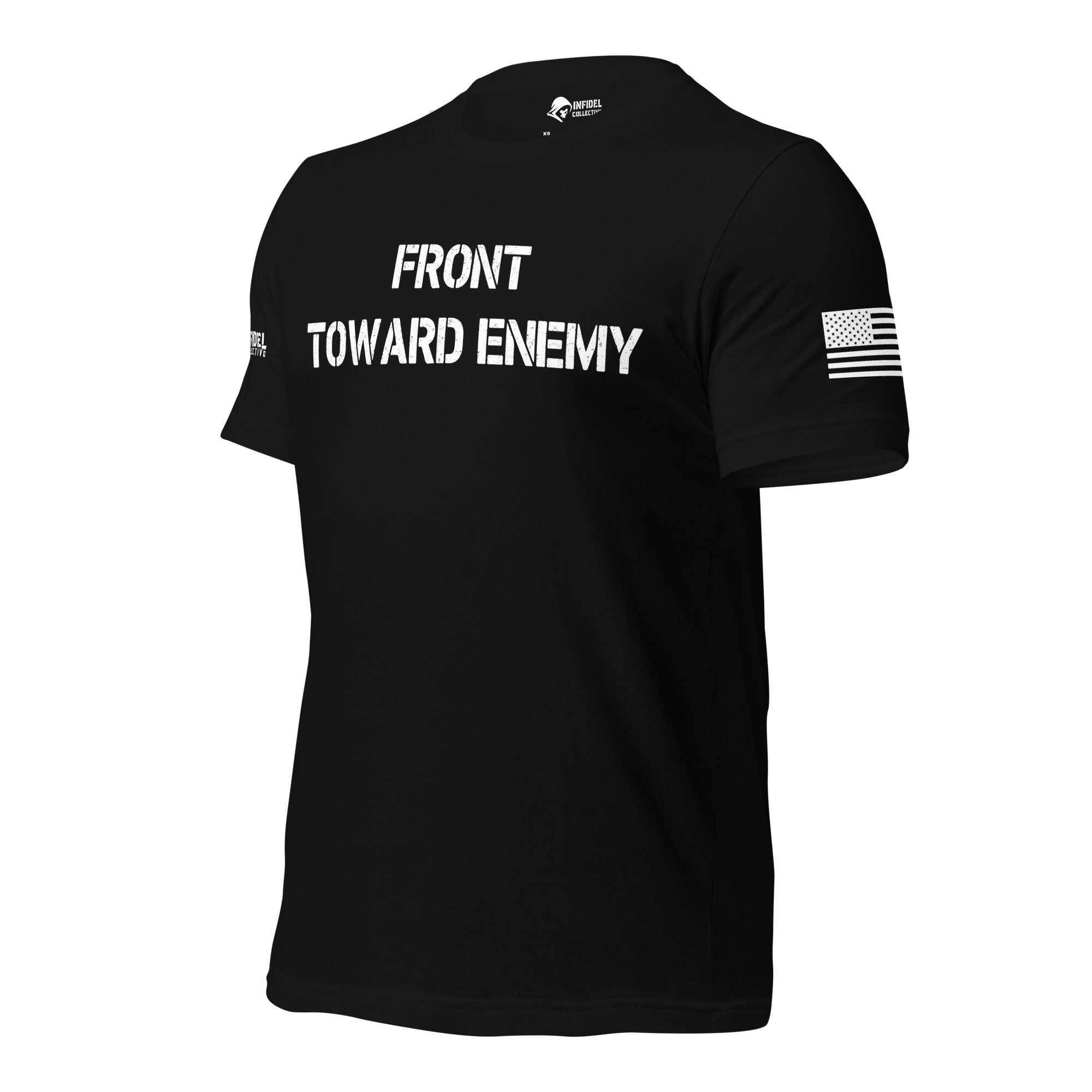 Left-front angled view of black Front Toward Enemy tee