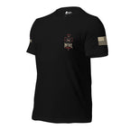 Left-front angled view of black tee with small Infidel knight and red cross chest print