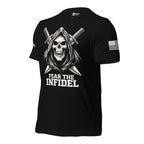 Left-front angled view of black Fear the Infidel tee with hooded skull and crossed swords