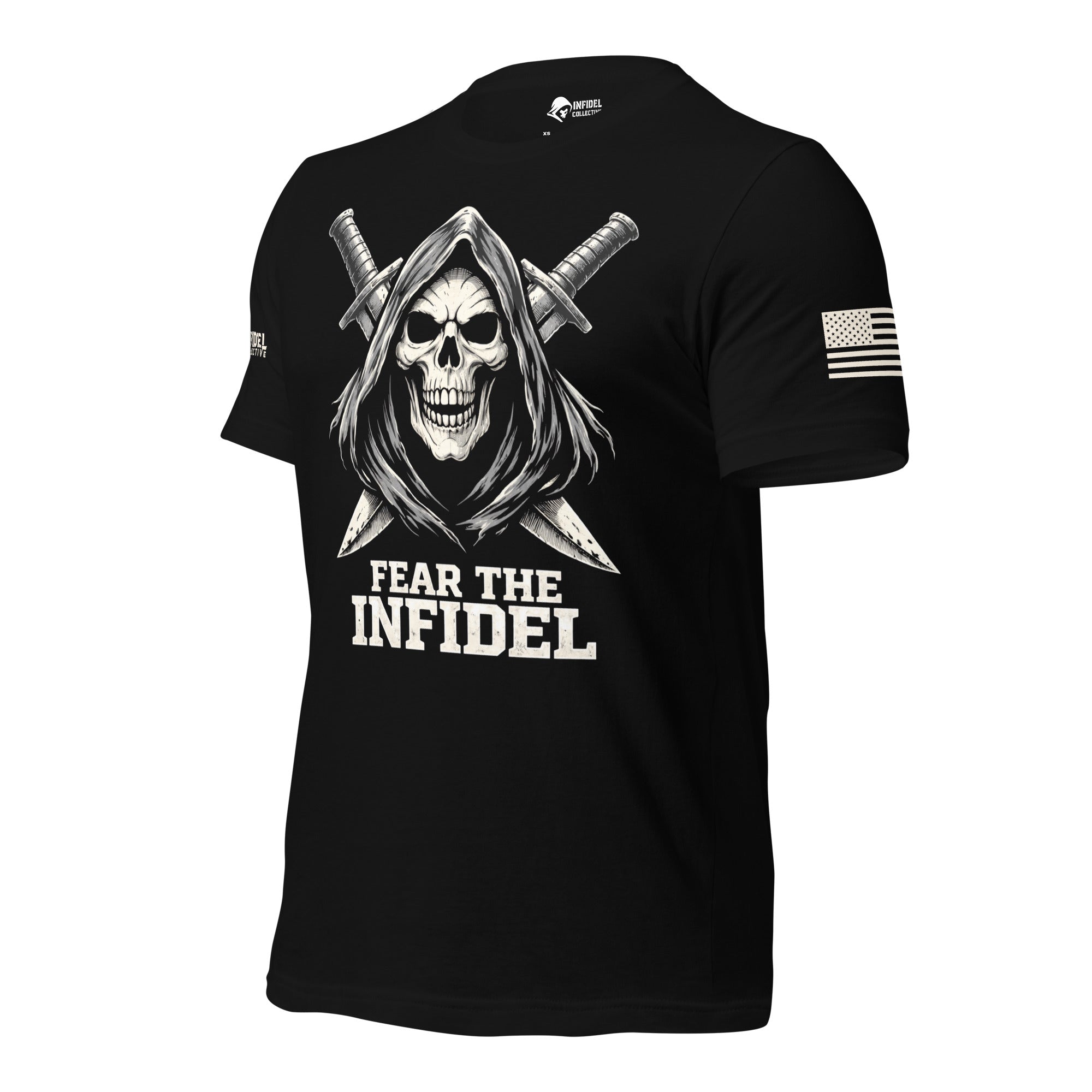 Left-front angled view of black Fear the Infidel tee with hooded skull and crossed swords
