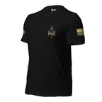 Left-front angled view of black tee with small Last to Kneel crusader chest print
