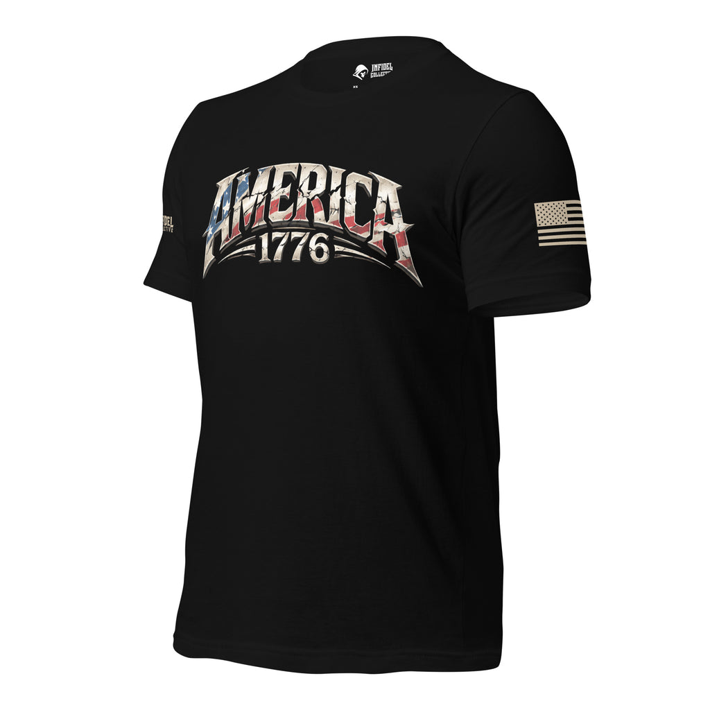 Left-front angled view of black America 1776 flag lettering tee