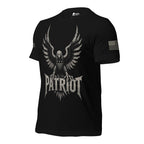 Left-front angled view of black Patriot tee with spread-wing eagle and flag shield
