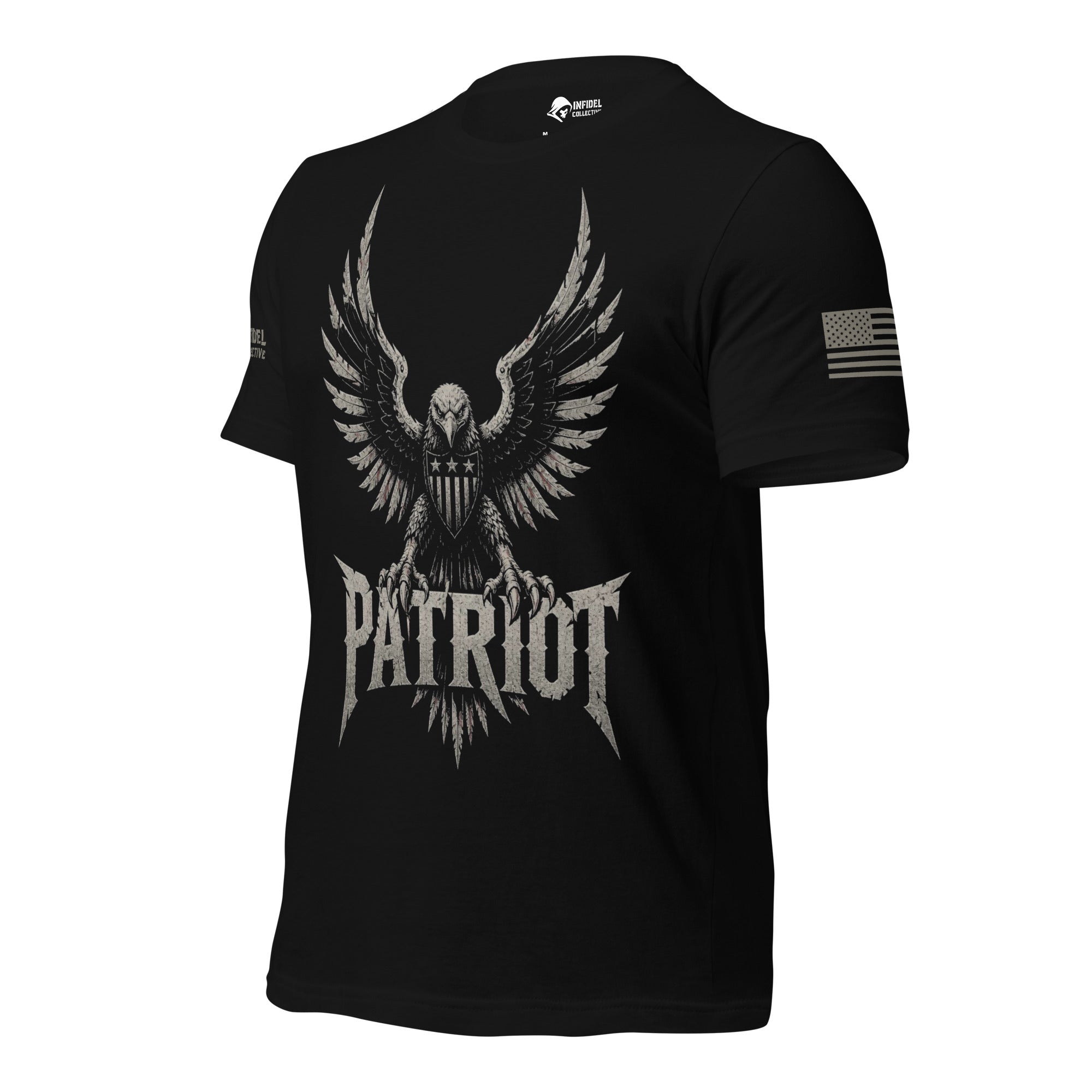 Left-front angled view of black Patriot tee with spread-wing eagle and flag shield