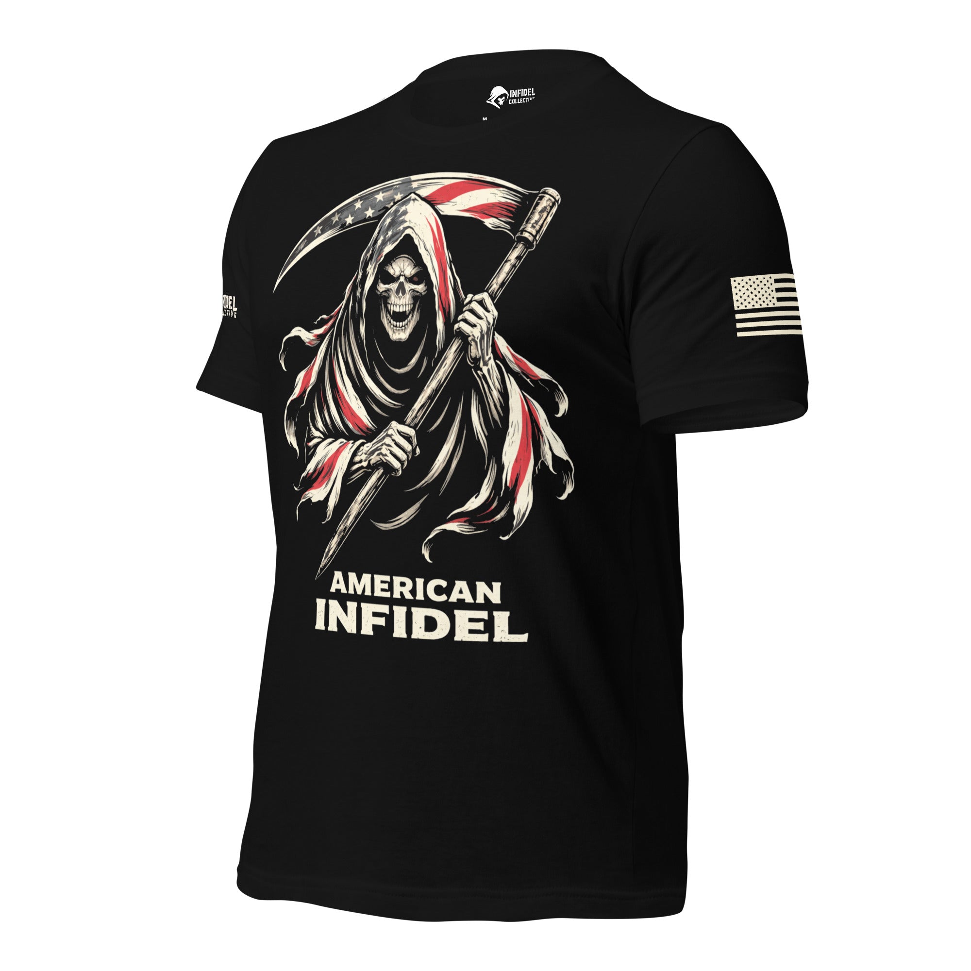 Left-front angled view of black American Infidel tee with hooded flag reaper and scythe