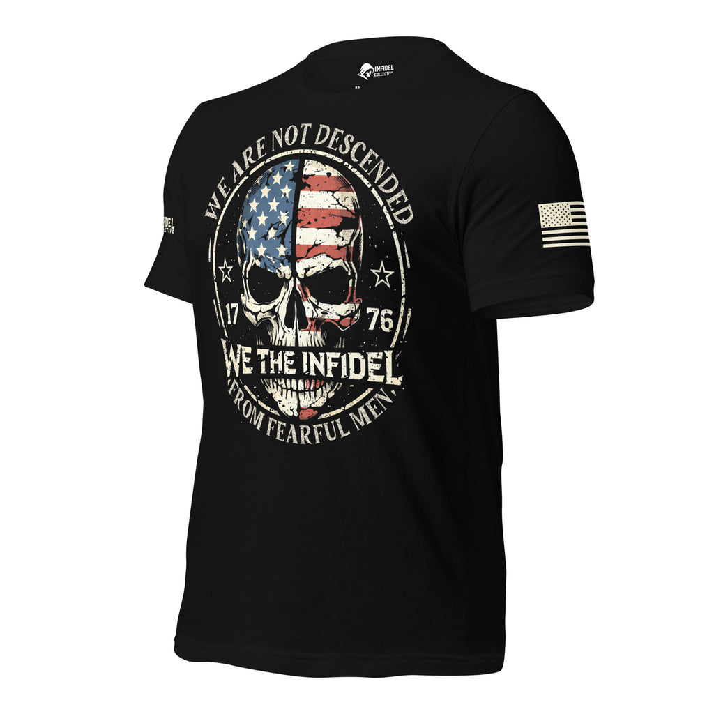 Left-front angled view of black We the Infidel tee with American flag skull and “1776”
