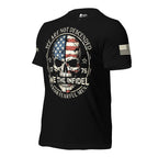 Left-front angled view of black We the Infidel tee with American flag skull and “1776”