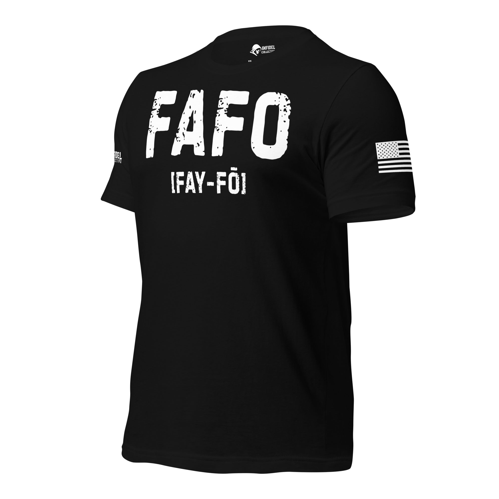Left-front angled view of black FAFO tee with distressed white lettering