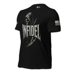 Left-front angled view of black Infidel tee with hooded reaper and scythe