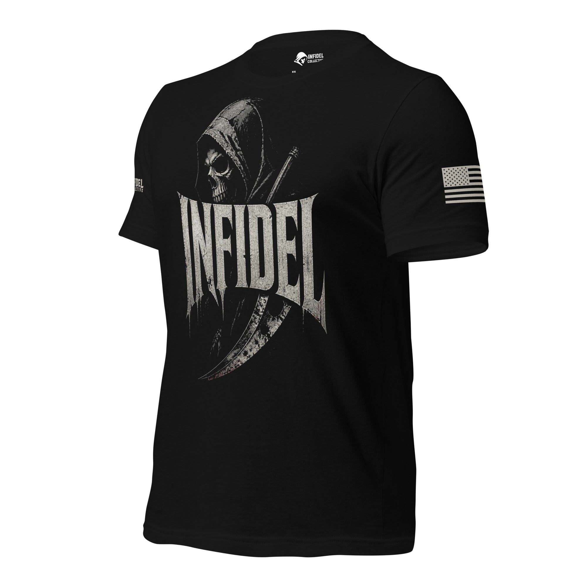 Left-front angled view of black Infidel tee with hooded reaper and scythe