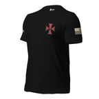 Left-front angled view of black tee with small red cross and skull chest print