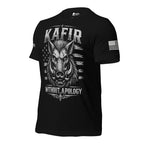 Left-front angled view of black Kafir tee with boar and distressed stars and stripes