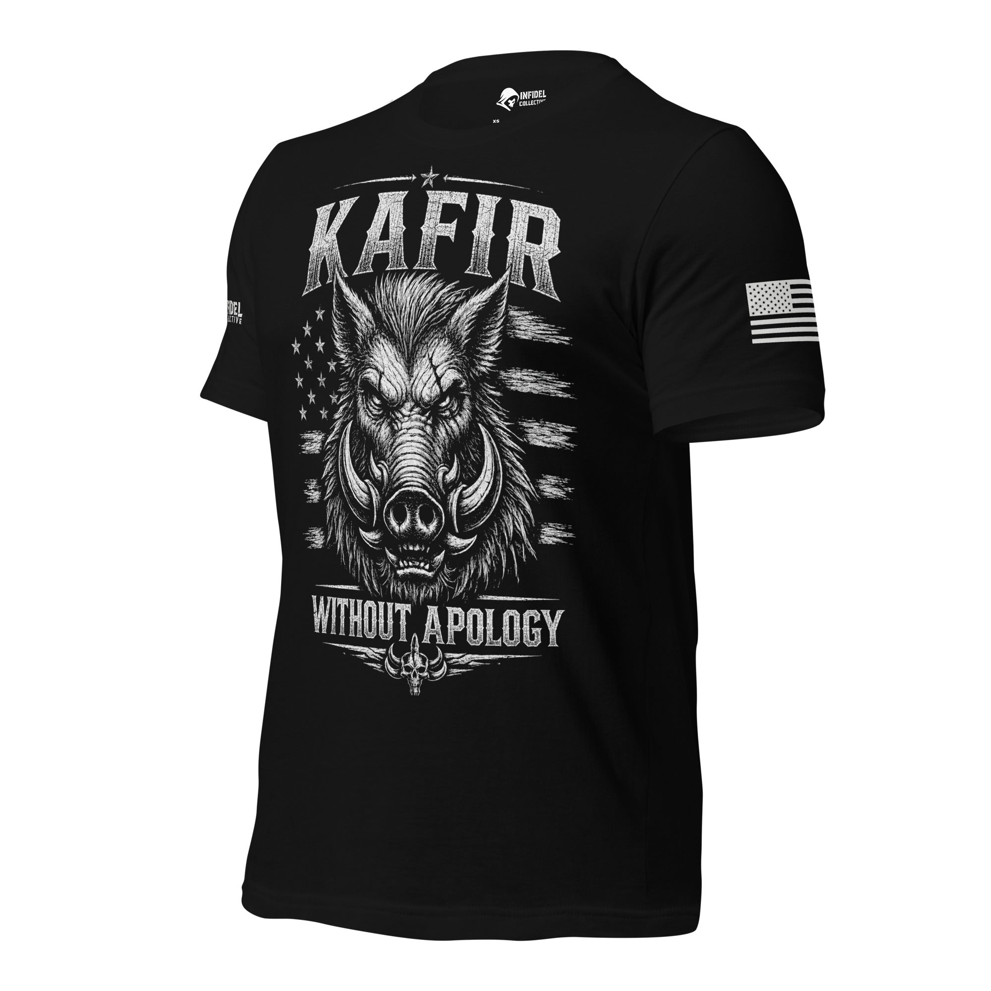 Left-front angled view of black Kafir tee with boar and distressed stars and stripes