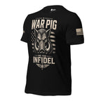 Left-front angled view of black War Pig tee with boar and distressed stars and stripes