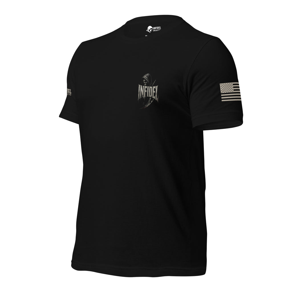 Left-front angled view of black tee with small hooded reaper and “INFIDEL” chest print