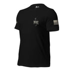 Left-front angled view of black tee with small hooded reaper and “INFIDEL” chest print