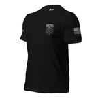Left-front angled view of black tee with small Infidel Never Bow knight chest crest