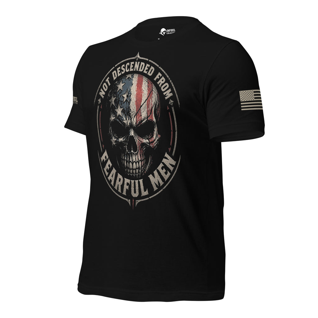 Left-front angled view of black Not Descended from Fearful Men skull tee