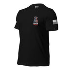 Left-front angled view of black tee with small American Infidel flag reaper chest crest