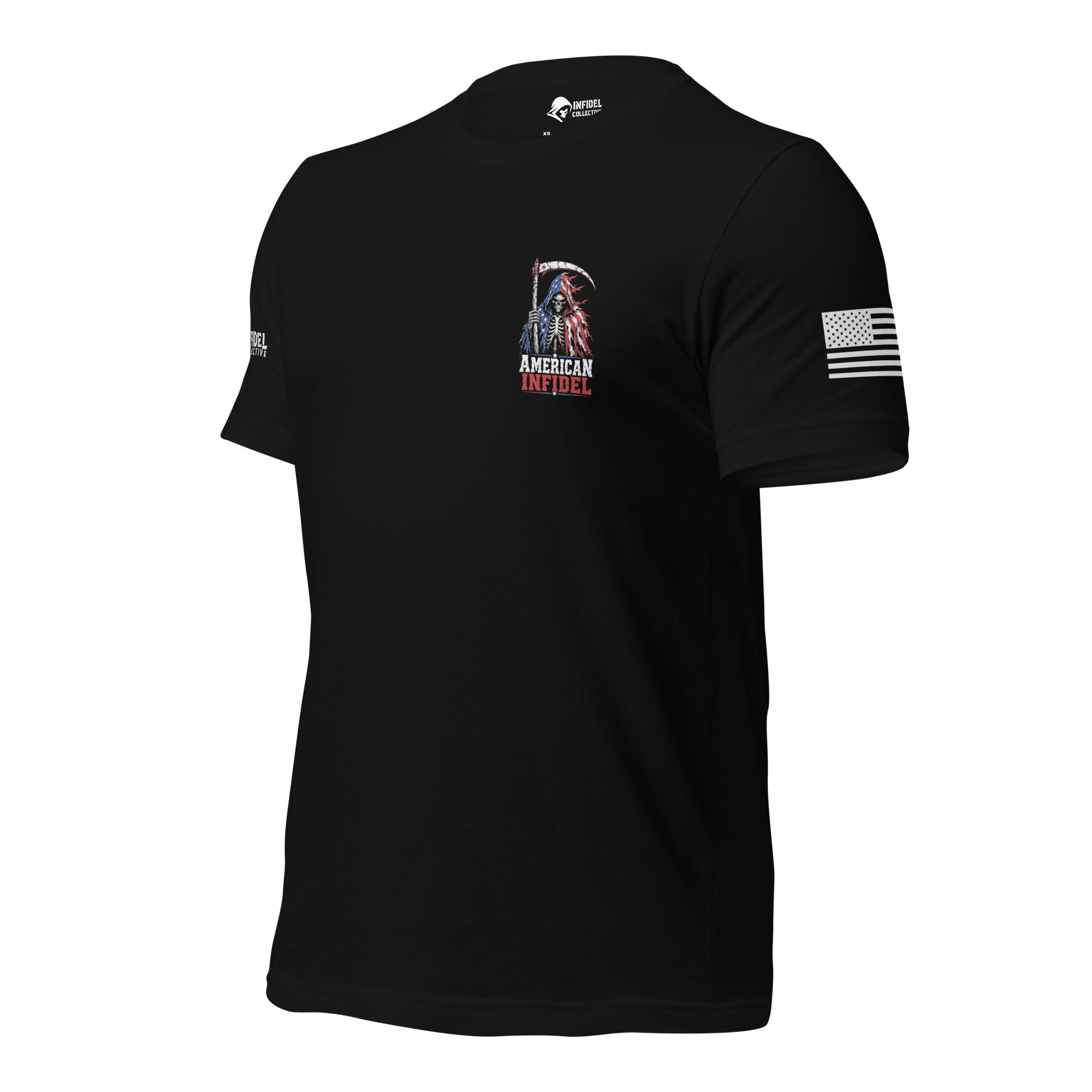 Left-front angled view of black tee with small American Infidel flag reaper chest crest