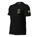 Left-front angled view of black tee with small Freedom Has Teeth flag skull chest crest