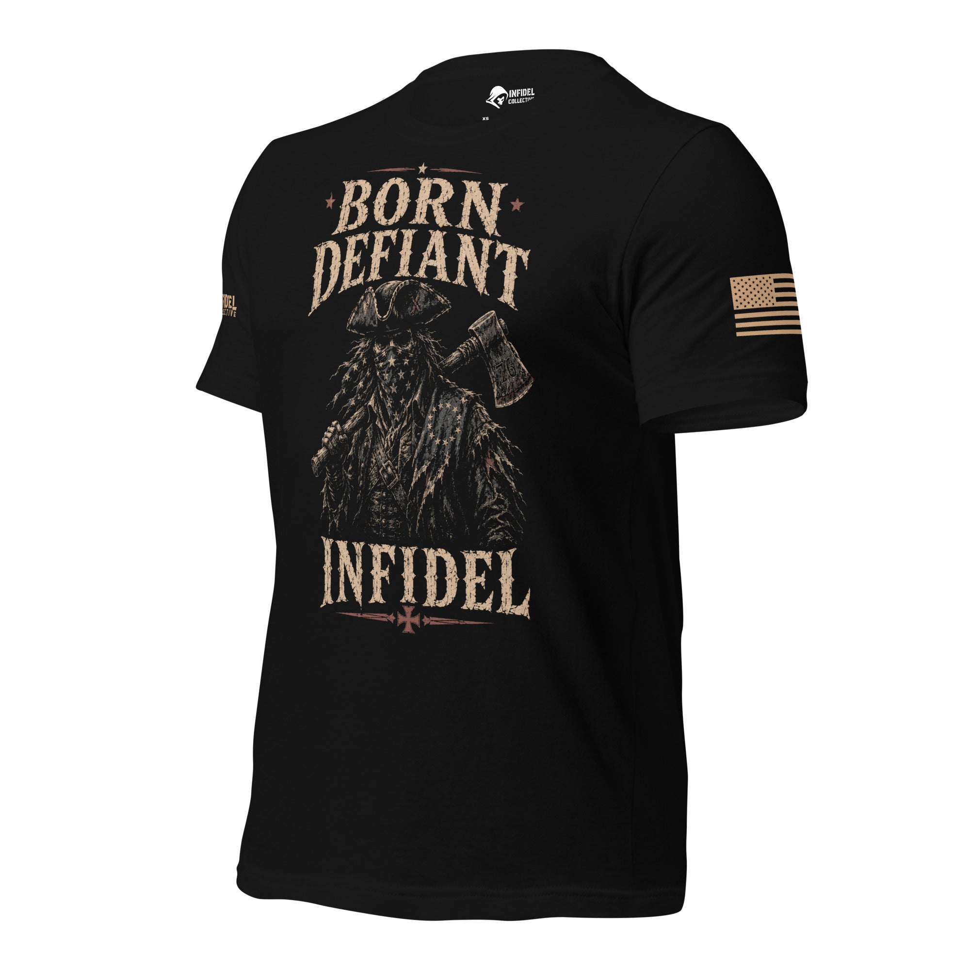 Left-front angled view of black Born Defiant tee with colonial frontiersman and axe