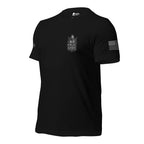Left-front angled view of black tee with small No False Gods Spartan chest crest