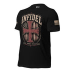Left-front angled view of black Infidel tee with American flag shield and red cross