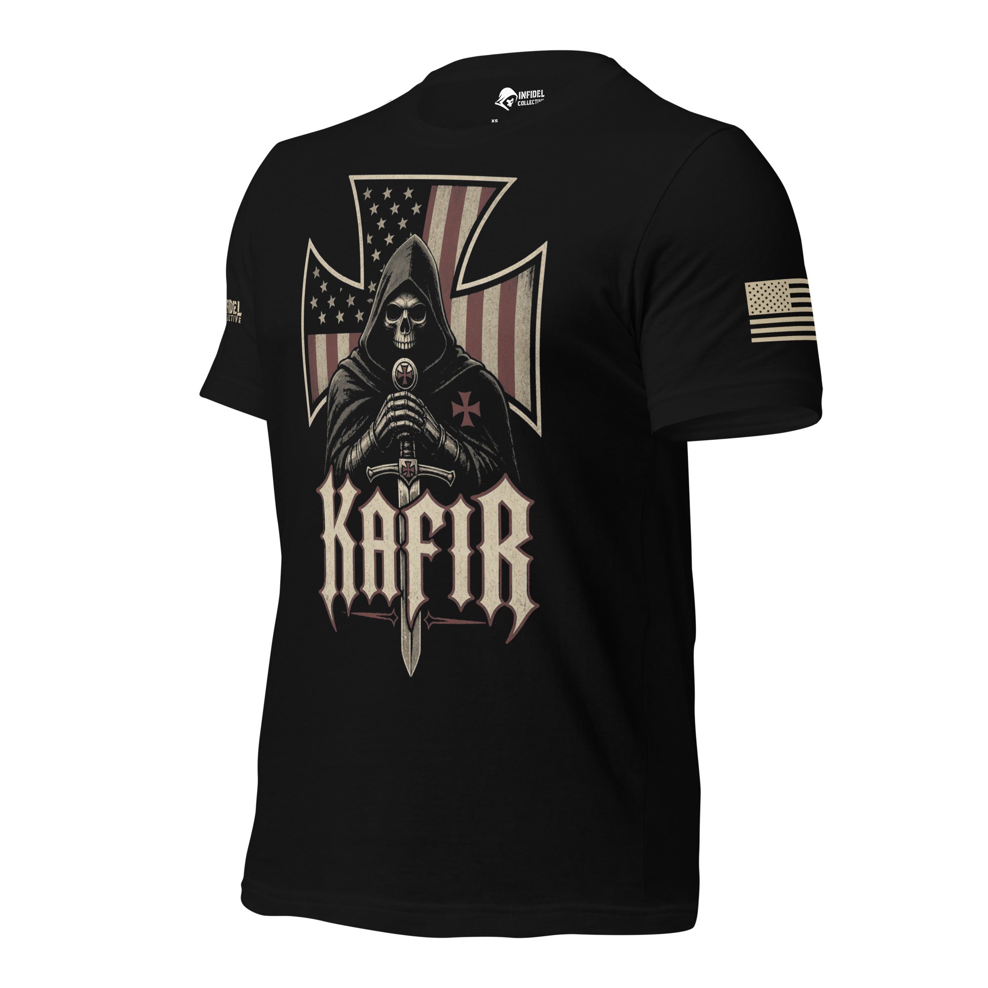 Left-front angled view of dark navy Kafir tee with hooded knight and American flag cross