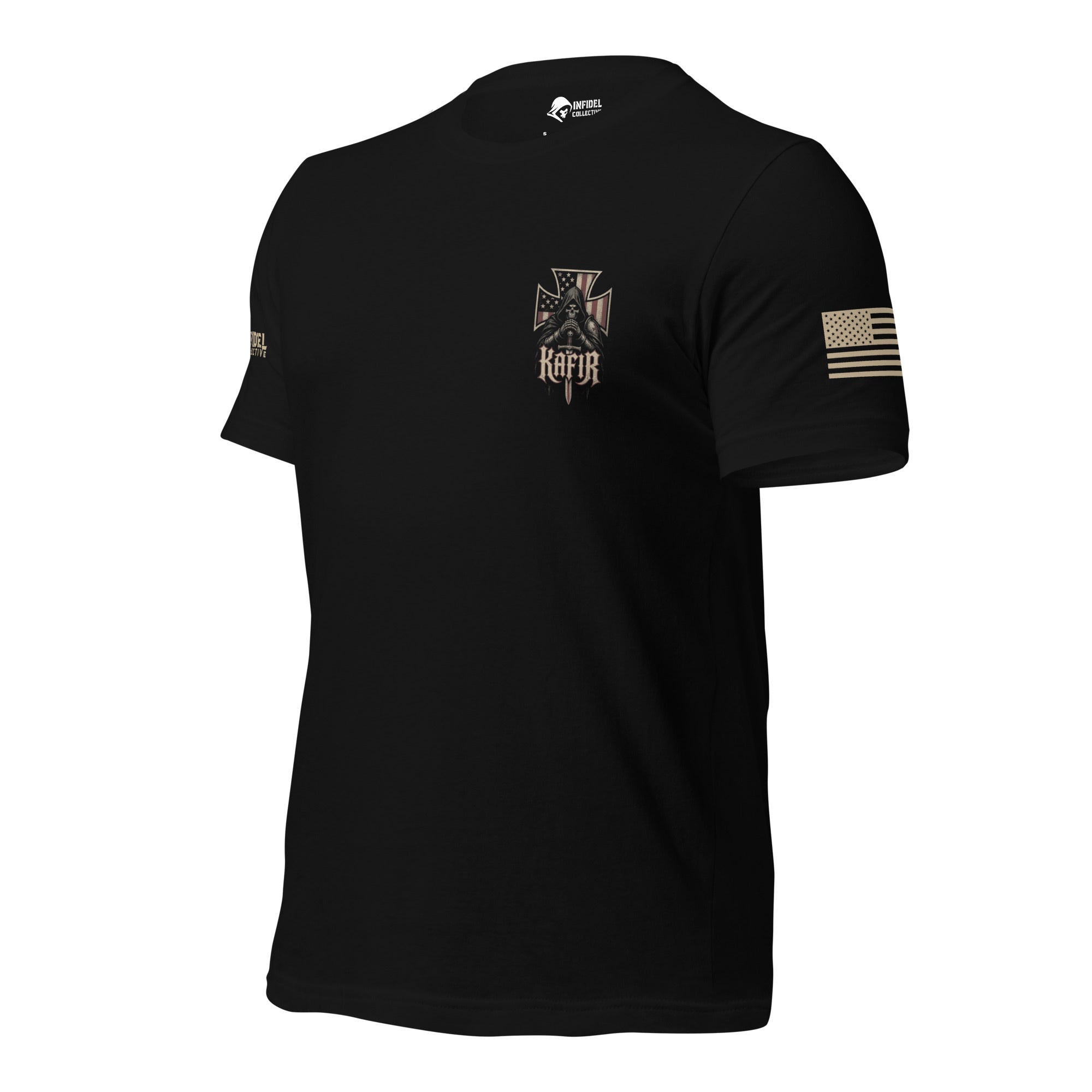 Left-front angled view of black tee with small Kafir knight and flag cross chest print