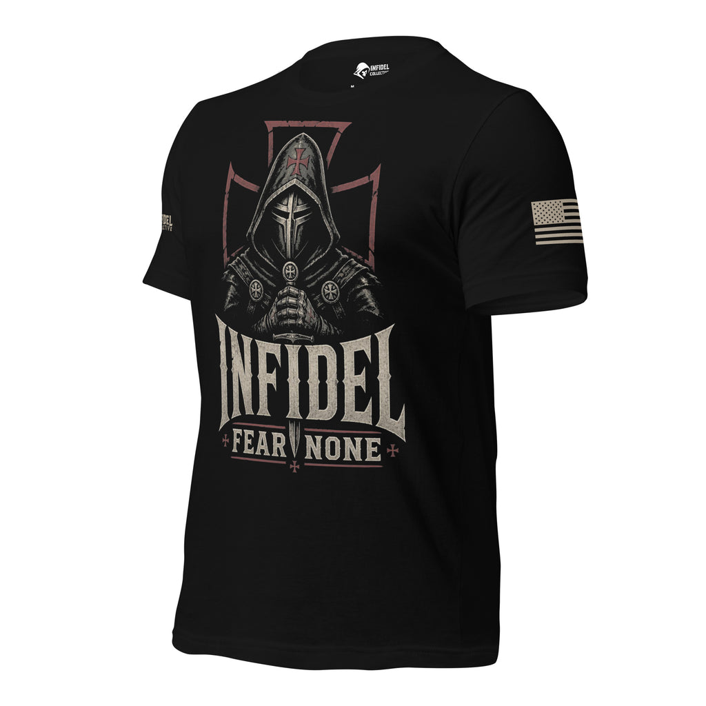 Left-front angled view of black Fear None tee with hooded knight and red outlined cross