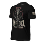 Left-front angled view of black Fear None tee with hooded knight and red outlined cross