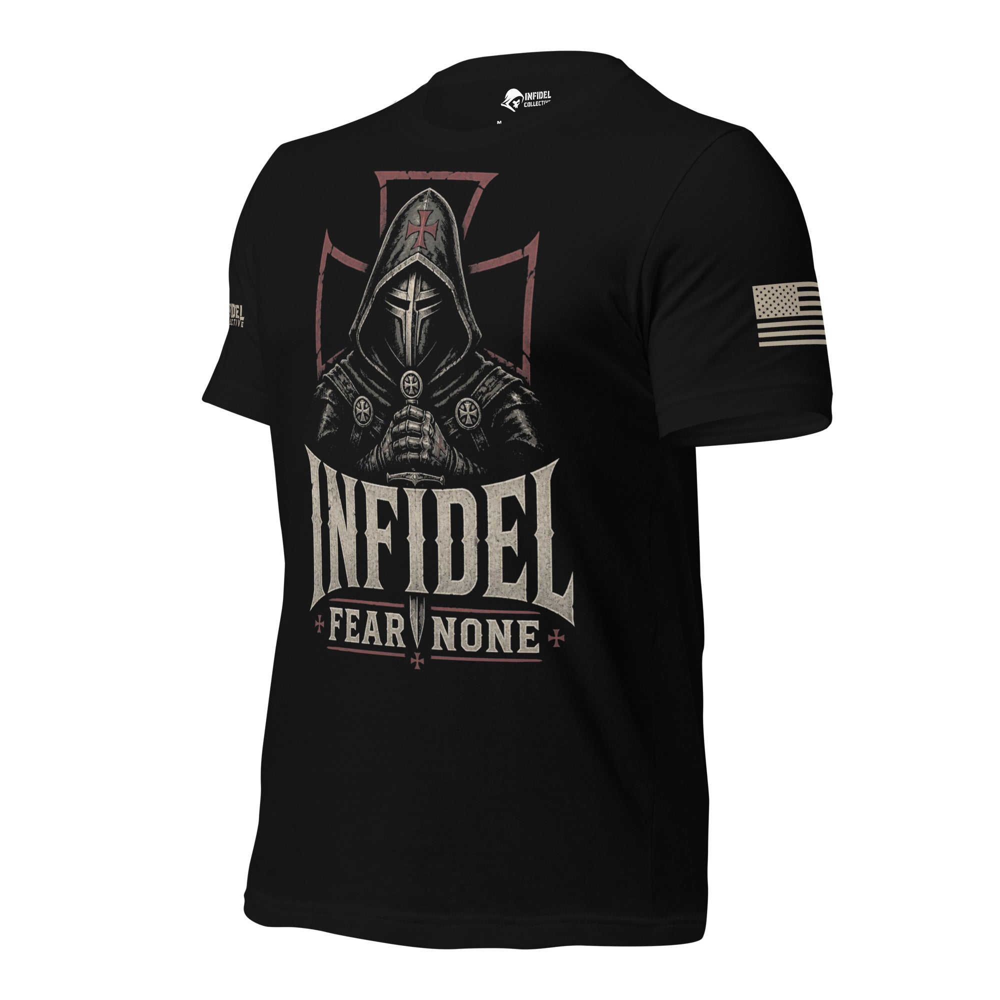 Left-front angled view of black Fear None tee with hooded knight and red outlined cross