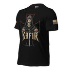 Left-front angled view of black Kafir tee with hooded crusader helmet and red outlined cross