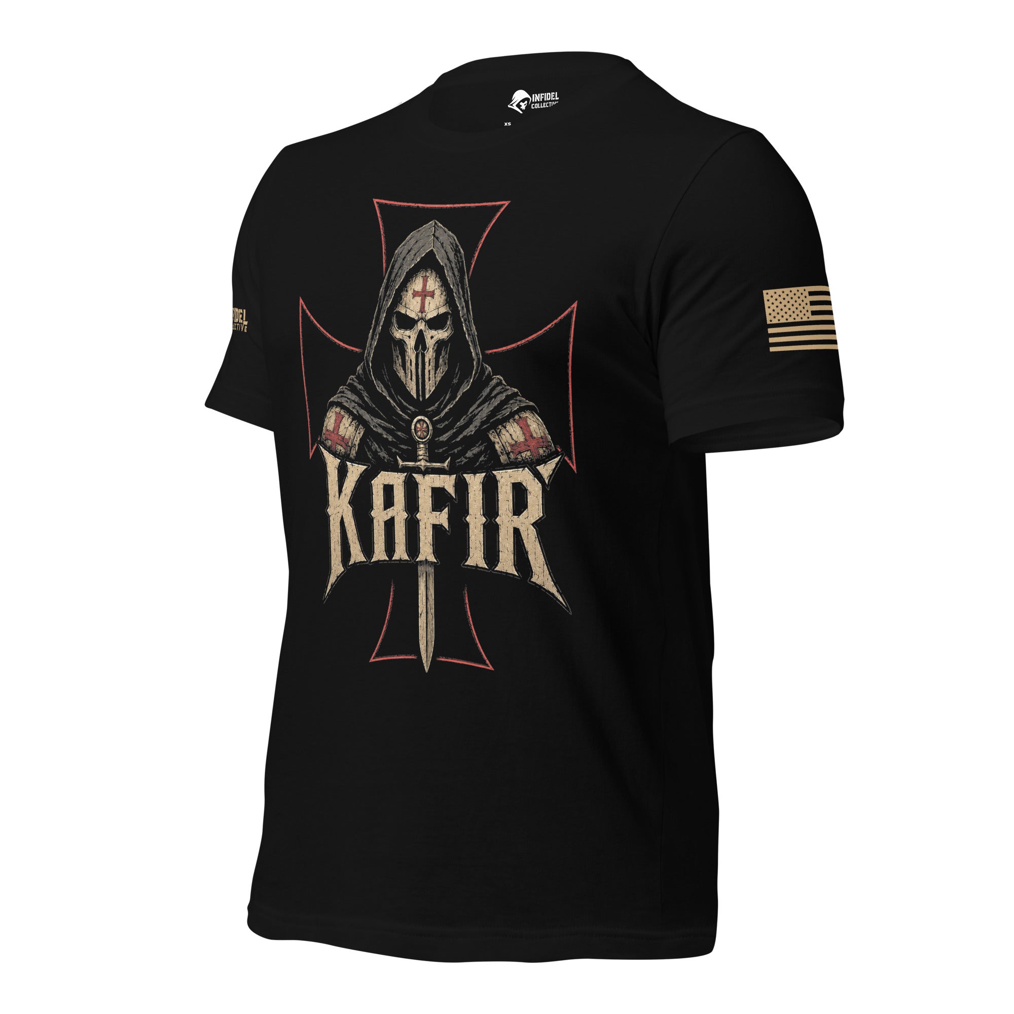 Left-front angled view of black Kafir tee with hooded crusader helmet and red outlined cross